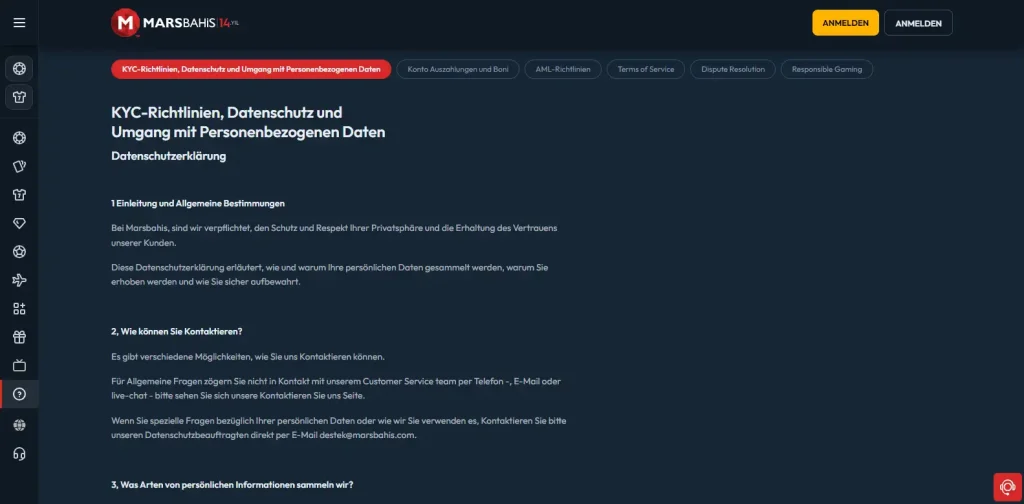 Kontaktbereich des Kundendienstes von Marsbahis