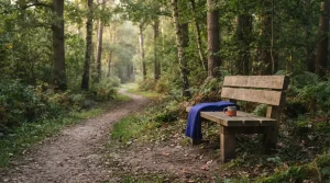 Ruhige Parkbank an einem Waldweg mit Bäumen und weichem Tageslicht