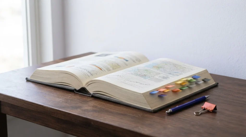 Aufgeschlagenes Nachschlagebuch mit farbigen Registern
