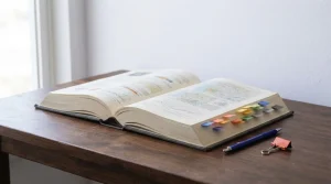 Aufgeschlagenes Nachschlagebuch mit farbigen Registern