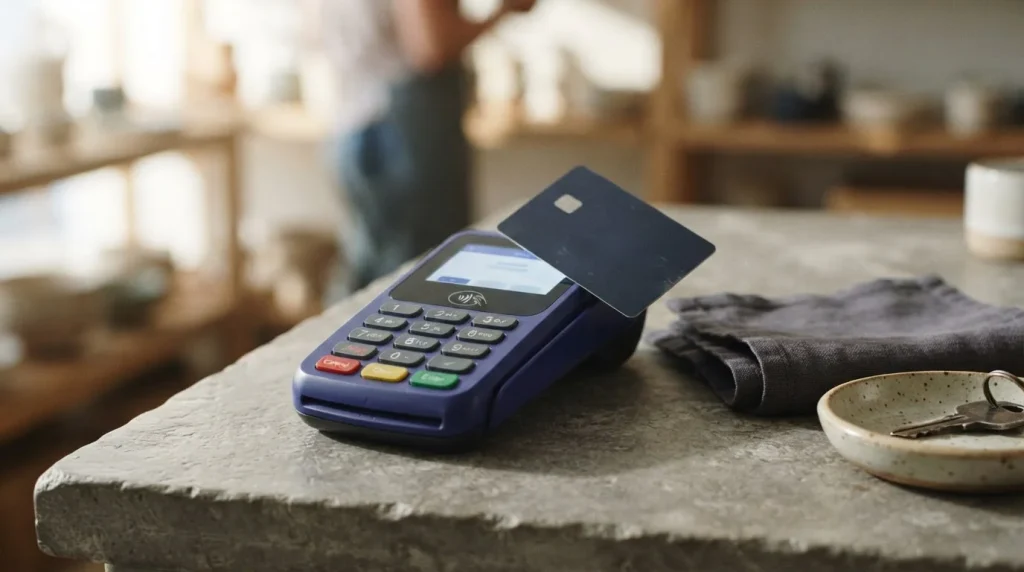 Kontaktloses Kartenterminal und Zahlungskarte auf einer Theke